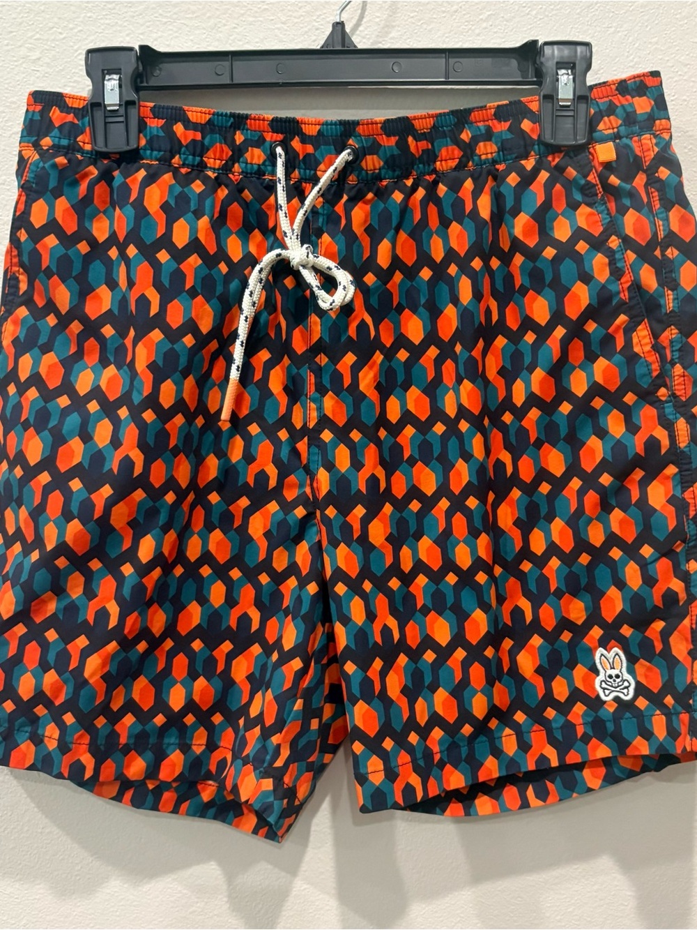 Psycho Bunny Men's Orange & Teal Geometric Swim Shorts Size Medium